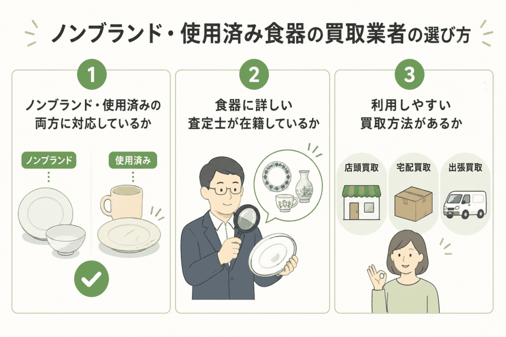 ノンブランド・使用済み食器の買取業者の選び方　図解